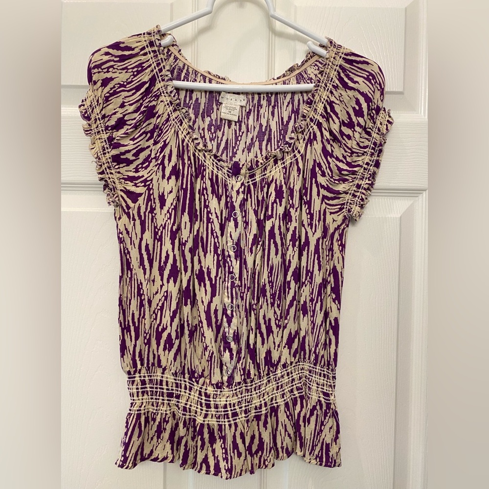 Ikat design Purple and cream short sleeve blouse